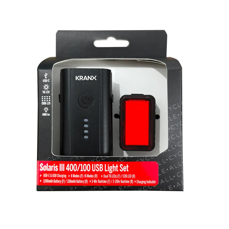 KranX Solaris III 400 / 100 USB Rechareable Front & Rear Bike Light Set