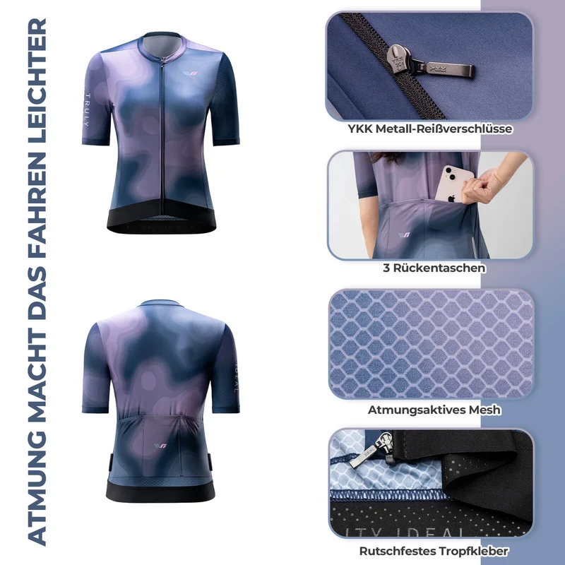 ROCKBROS TVI Damen Kurzarm-Radtrikot Sommer Schnelltrocknend mit 3 Taschen