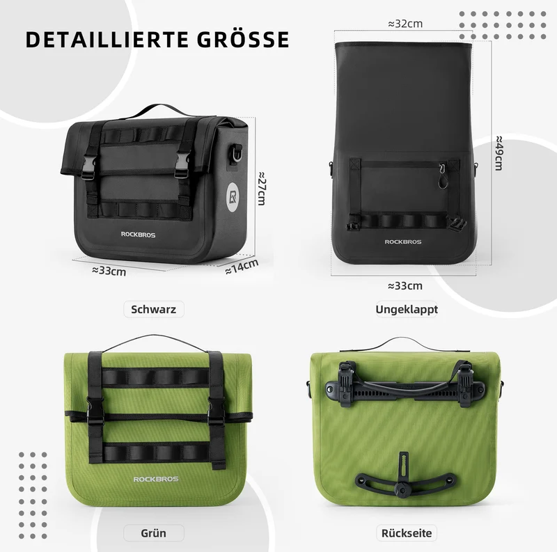 ROCKBROS Wasserdicht Fahrrad Gepäckträgertasche mit Schultergurt hinten 15L