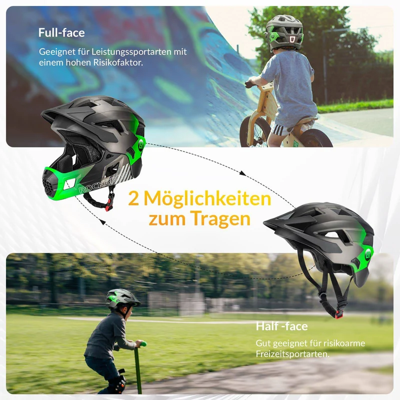 ROCKBROS Kinderhelm BMX MTB Helm mit Abnehmbarem Kinnschutz und Krempe