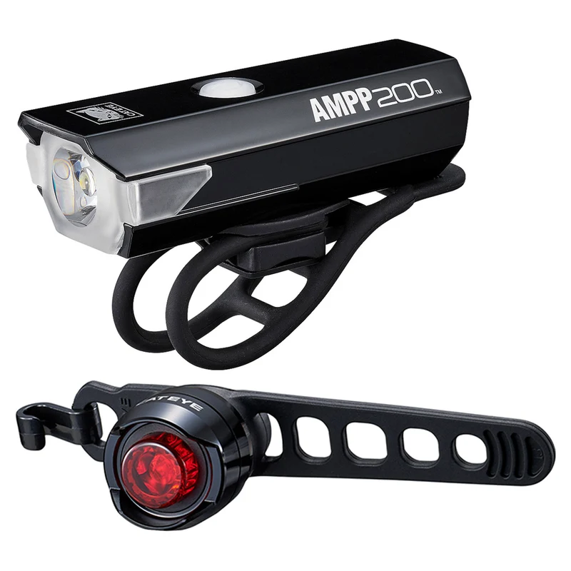 Cateye Ampp 200 Front & Orb Rechargable Rear Front & Rear Bike Light Set