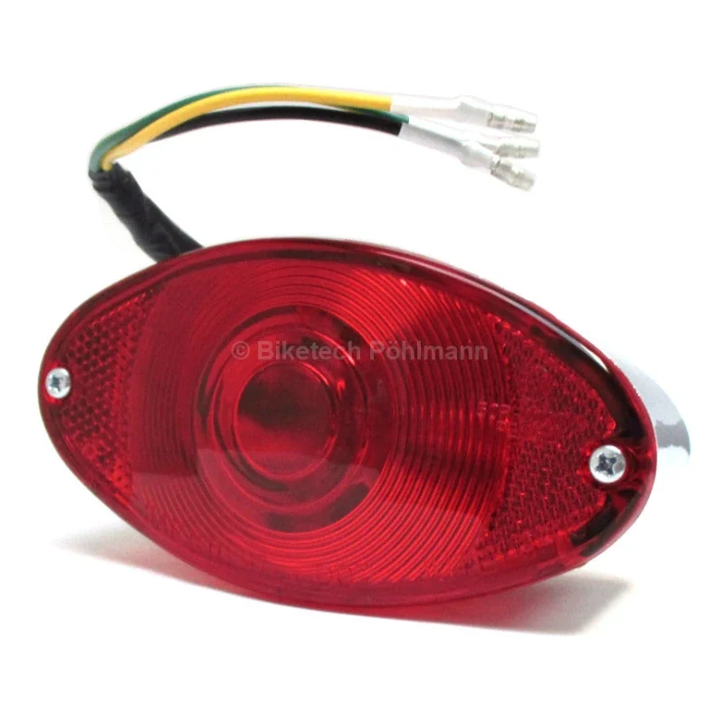 Rücklicht Cat-Eye chrom, Glas rot, 125x65 mm, mit KZL, E-geprüft, 12V/5W
