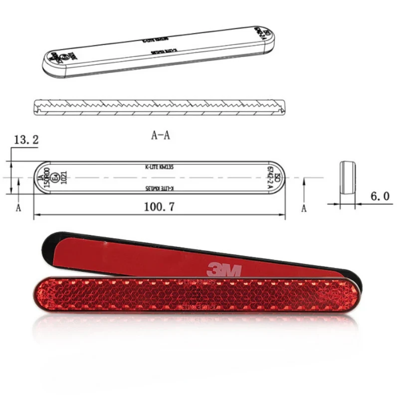 Reflektor Line rot, abgerundet, 100 x 13 x 6 mm