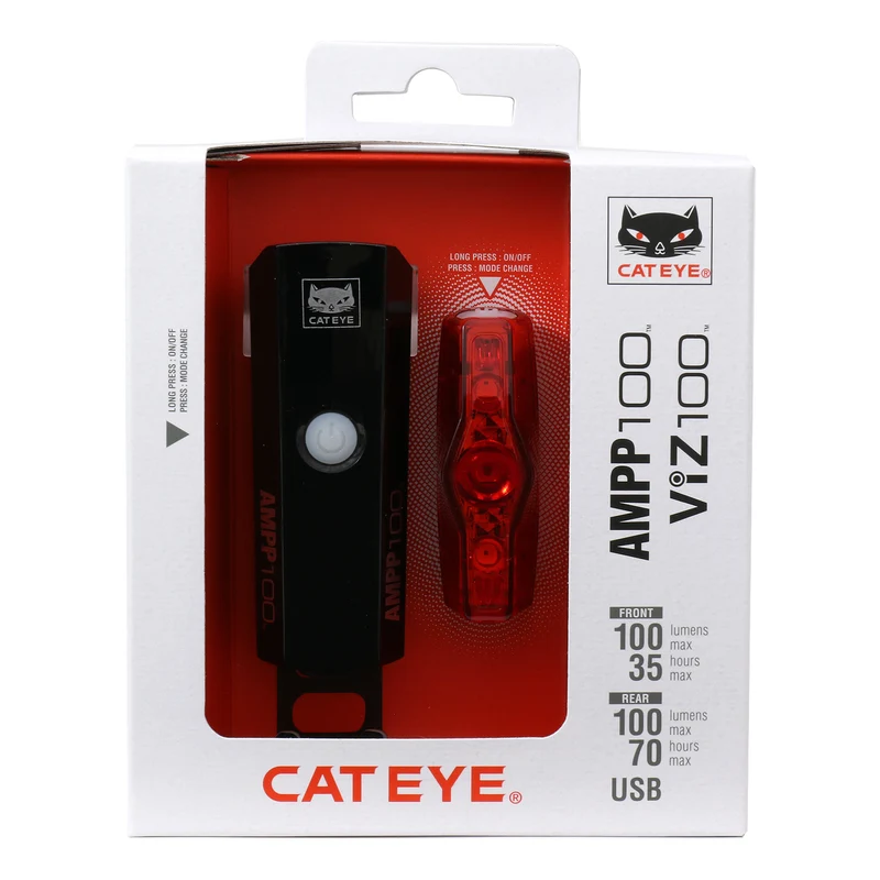 Cateye Ampp 100 Front & Viz 100 Rear Rechargeable Front & Rear Bike Light Set